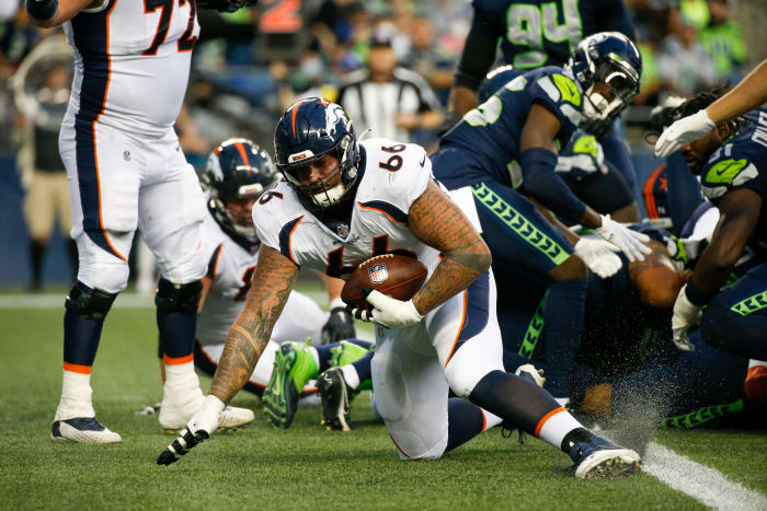 In the right place at the right time, Dalton Risner scored a touchdown recovering a fumble in the end zone against the Seahawks in the preseason in 2021.